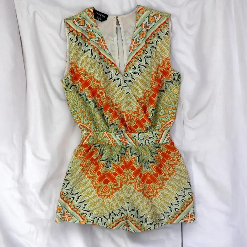 Bebe Y2k Colorful Abstract Boho Summer Romper, Si… - image 2